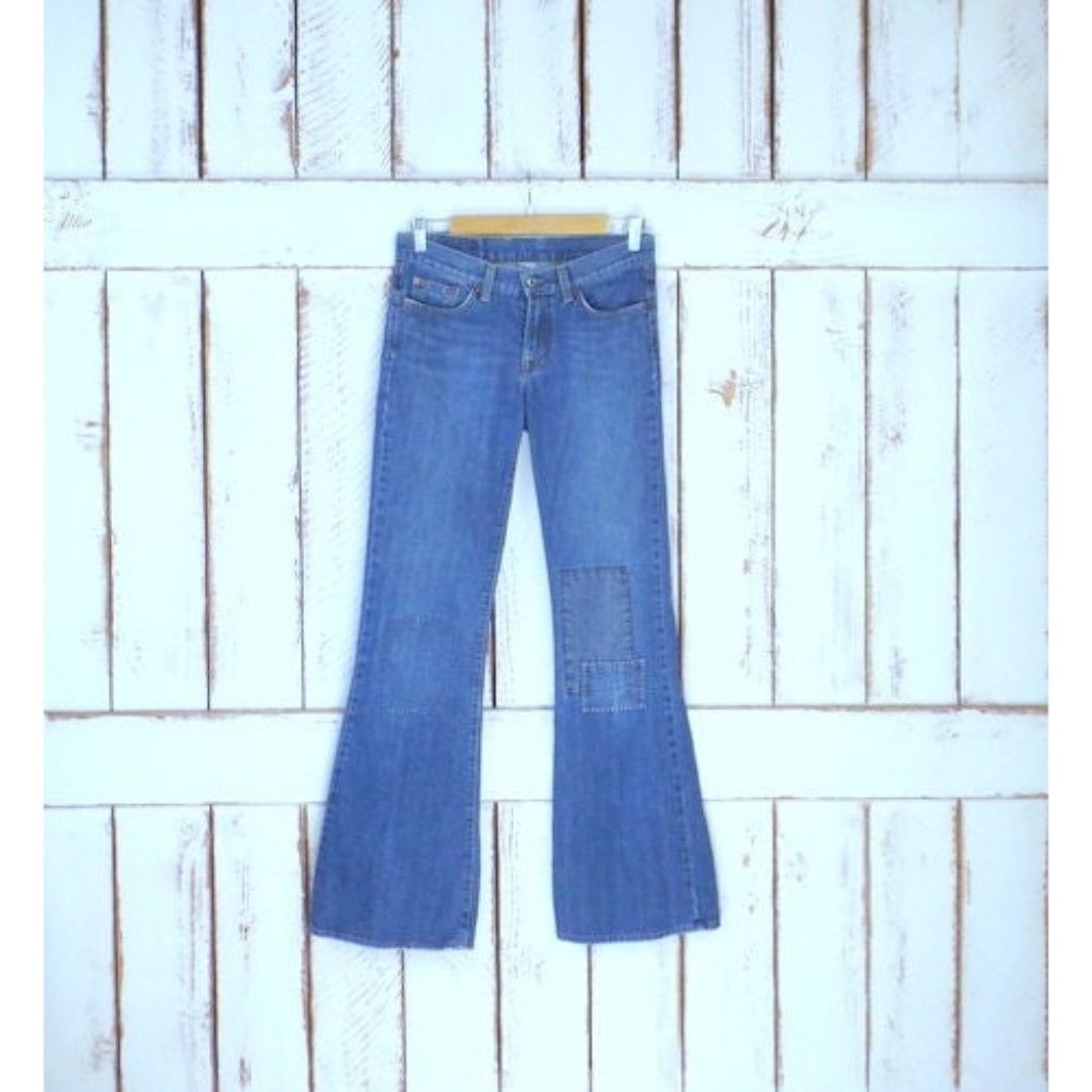 Lucky Brand Blue Jean Patched Denim Boot Cut Flare Low Rise Stretch Jeans